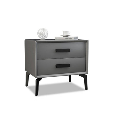 Modern Minimalist Rectangular PU Leather Solid Wood Carbon Steel Nightstand 4-Leg 2-Drawer For Bedroom