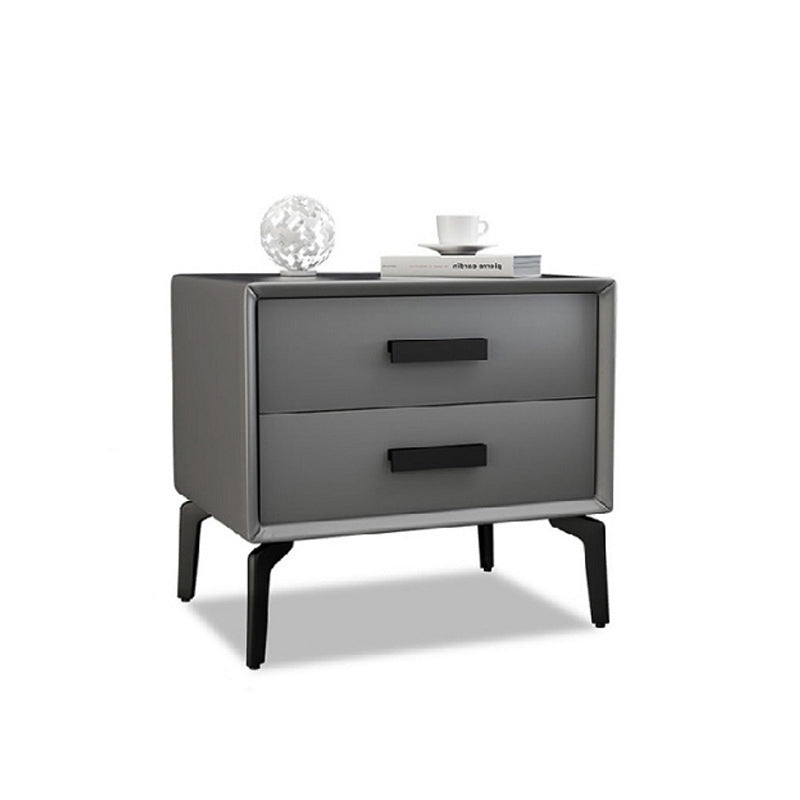 Modern Minimalist Rectangular PU Leather Solid Wood Carbon Steel Nightstand 4-Leg 2-Drawer For Bedroom