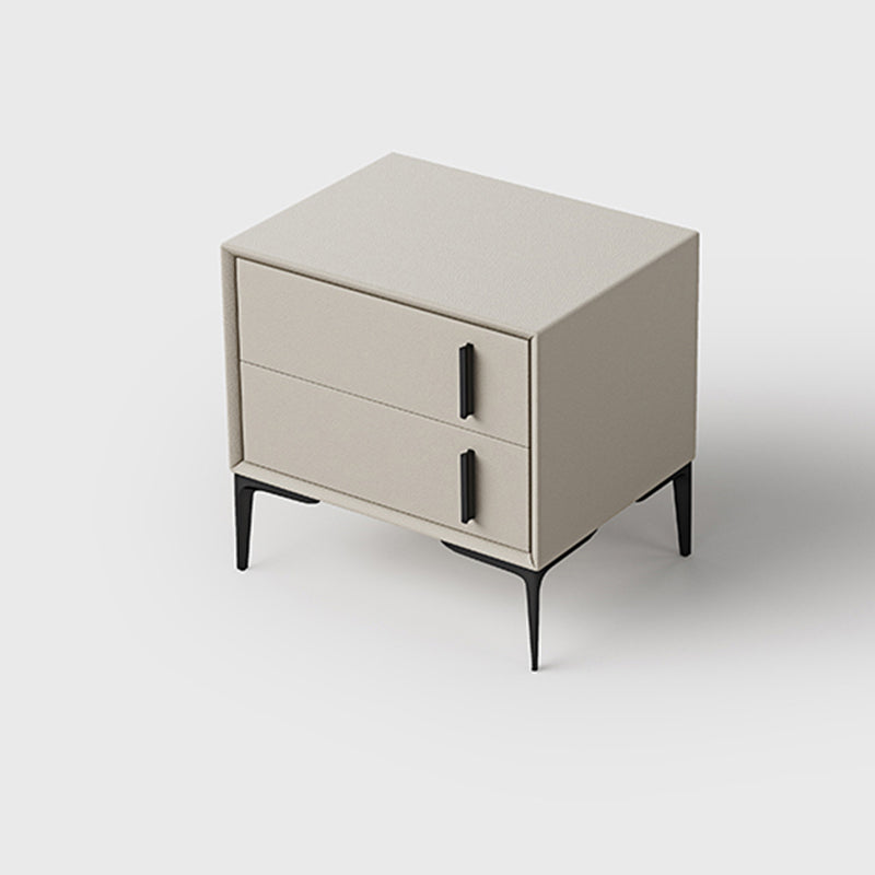 Modern Minimalist Rectangular PU Leather Solid Wood Carbon Steel Nightstand 4-Leg 2-Drawer For Bedroom