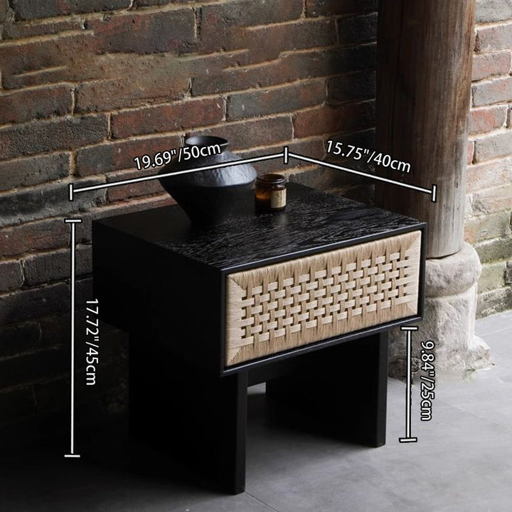 Traditional Vintage Rectangle Rubberwood Paper Rope Nightstand 1-Drawer For Bedroom