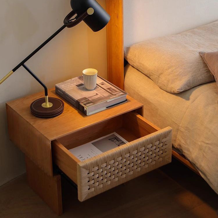 Traditional Vintage Rectangle Rubberwood Paper Rope Nightstand 1-Drawer For Bedroom
