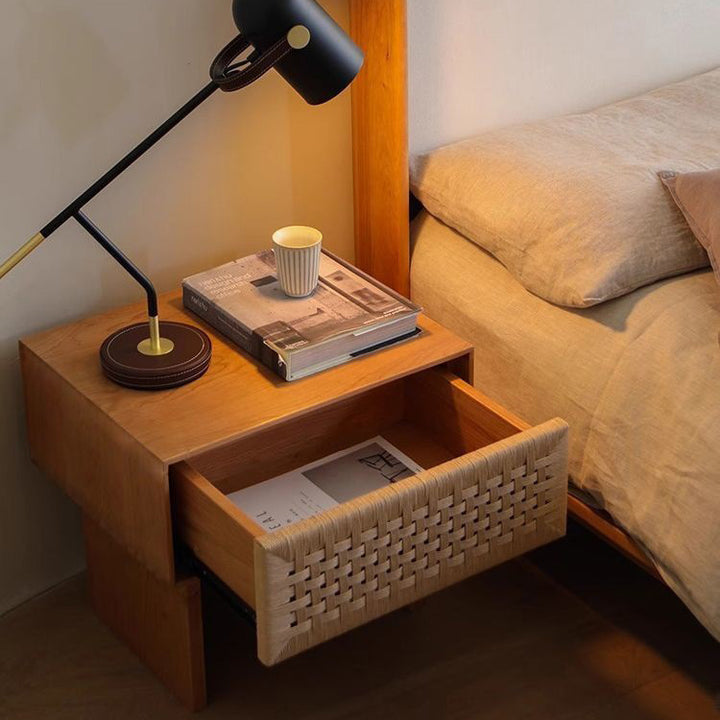 Traditional Vintage Rectangle Rubberwood Paper Rope Nightstand 1-Drawer For Bedroom