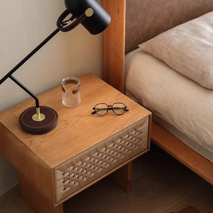Traditional Vintage Rectangle Rubberwood Paper Rope Nightstand 1-Drawer For Bedroom