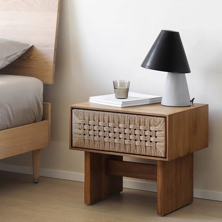 Traditional Vintage Rectangle Rubberwood Paper Rope Nightstand 1-Drawer For Bedroom