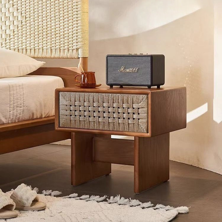 Traditional Vintage Rectangle Rubberwood Paper Rope Nightstand 1-Drawer For Bedroom