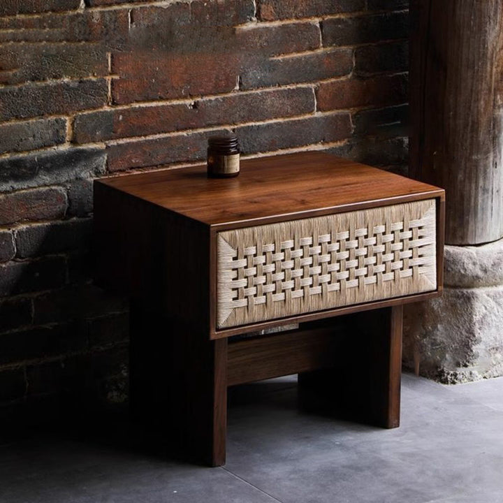 Traditional Vintage Rectangle Rubberwood Paper Rope Nightstand 1-Drawer For Bedroom