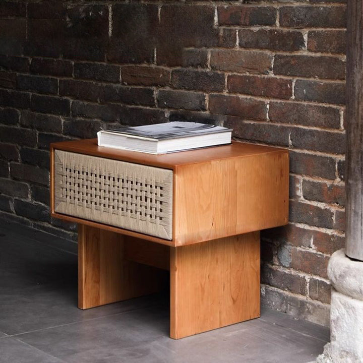 Traditional Vintage Rectangle Rubberwood Paper Rope Nightstand 1-Drawer For Bedroom