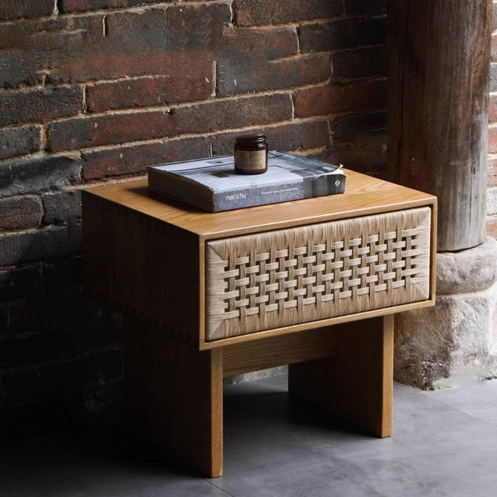 Traditional Vintage Rectangle Rubberwood Paper Rope Nightstand 1-Drawer For Bedroom