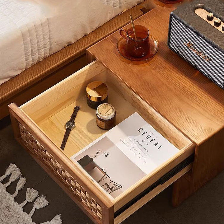 Traditional Vintage Rectangle Rubberwood Paper Rope Nightstand 1-Drawer For Bedroom