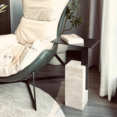 Contemporary Creative Square Carbon Steel Travertine Side Table 1-Tier For Living Room