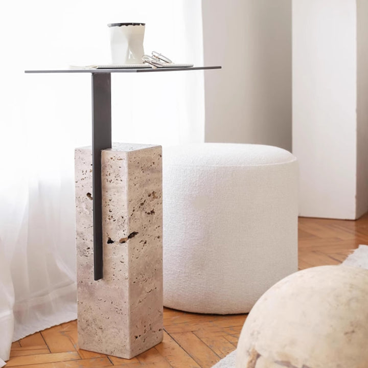 Mesa Auxiliar Cuadrada Creativa Contemporánea de Acero al Carbono y Travertino de 1 Nivel para Sala de Estar 