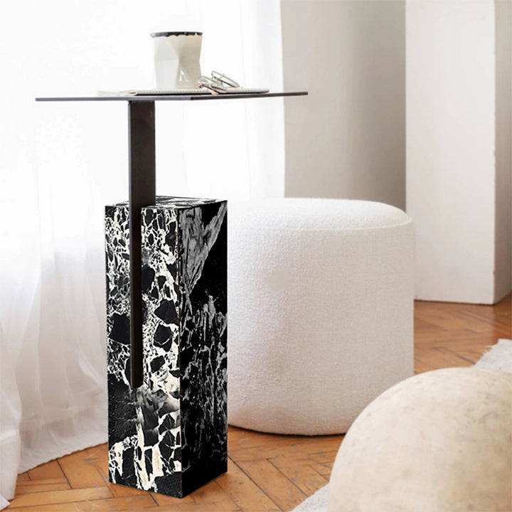Mesa Auxiliar Cuadrada Creativa Contemporánea de Acero al Carbono y Travertino de 1 Nivel para Sala de Estar 