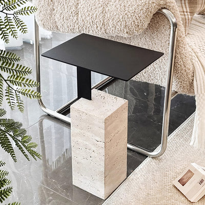 Contemporary Creative Square Carbon Steel Travertine Side Table 1-Tier For Living Room