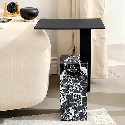 Contemporary Creative Square Carbon Steel Travertine Side Table 1-Tier For Living Room
