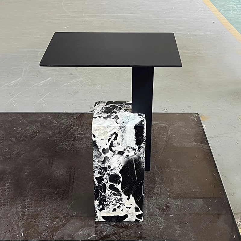 Contemporary Creative Square Carbon Steel Travertine Side Table 1-Tier For Living Room