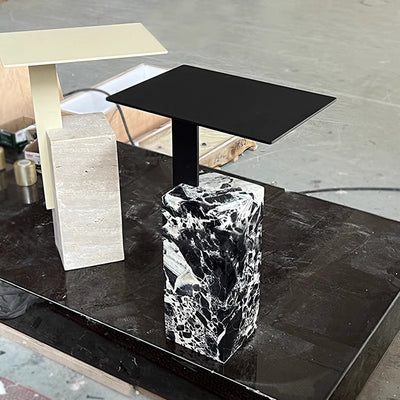 Contemporary Creative Square Carbon Steel Travertine Side Table 1-Tier For Living Room