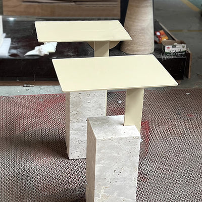 Contemporary Creative Square Carbon Steel Travertine Side Table 1-Tier For Living Room