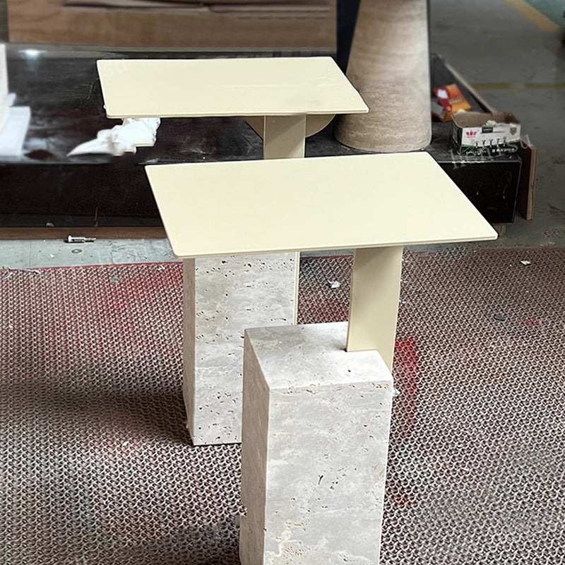 Contemporary Creative Square Carbon Steel Travertine Side Table 1-Tier For Living Room
