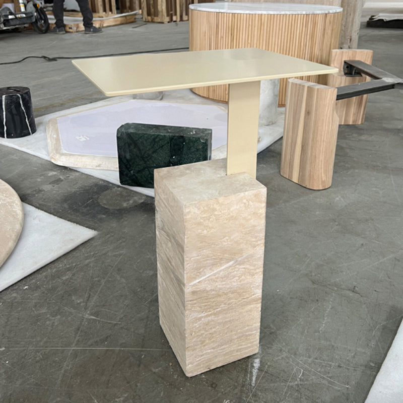 Contemporary Creative Square Carbon Steel Travertine Side Table 1-Tier For Living Room