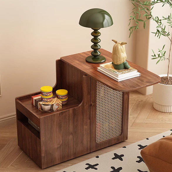 Mesa auxiliar giratoria contemporánea retro de rectángulo de plástico tejido con tablero ecológico de madera maciza con 1 gabinete para sala de estar 