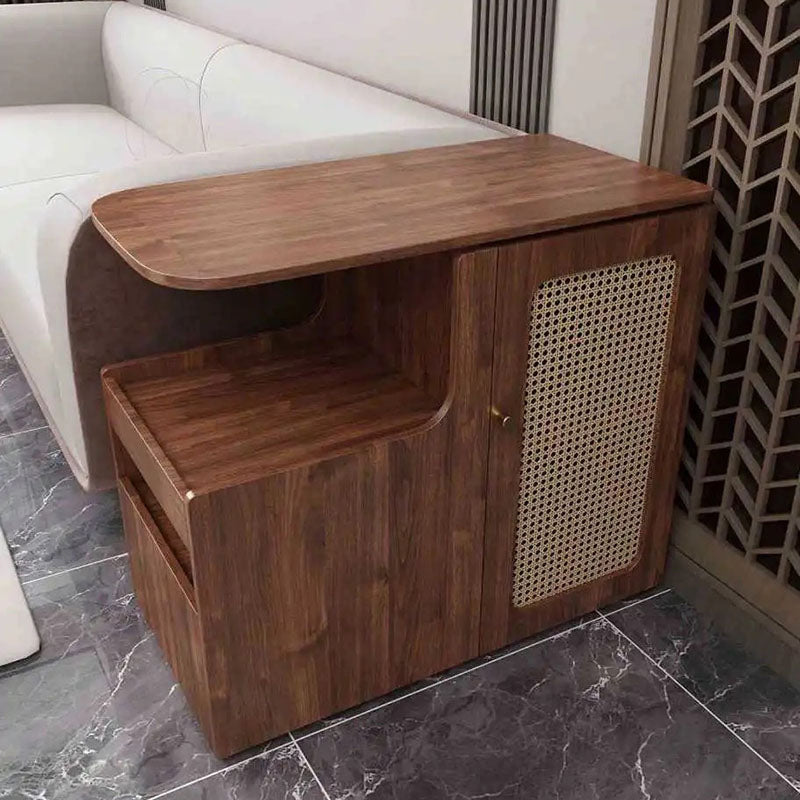 Mesa auxiliar giratoria contemporánea retro de rectángulo de plástico tejido con tablero ecológico de madera maciza con 1 gabinete para sala de estar 
