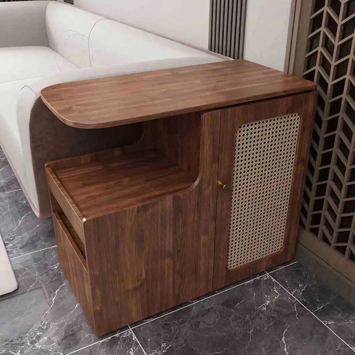 Mesa auxiliar giratoria contemporánea retro de rectángulo de plástico tejido con tablero ecológico de madera maciza con 1 gabinete para sala de estar 
