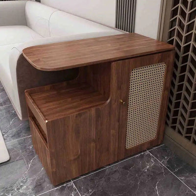 Contemporary Retro Rectangle Plastic Weaving Solid Wood Eco-board Movable Swivel End Table 1-Cabinet For Living Room