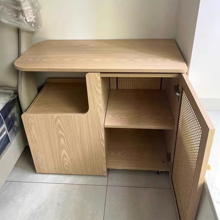 Mesa auxiliar giratoria contemporánea retro de rectángulo de plástico tejido con tablero ecológico de madera maciza con 1 gabinete para sala de estar 
