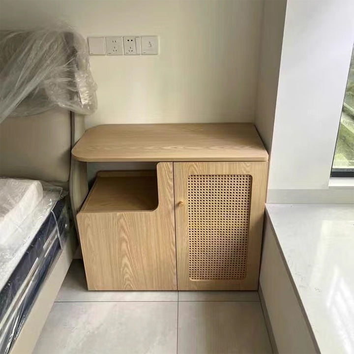 Mesa auxiliar giratoria contemporánea retro de rectángulo de plástico tejido con tablero ecológico de madera maciza con 1 gabinete para sala de estar 