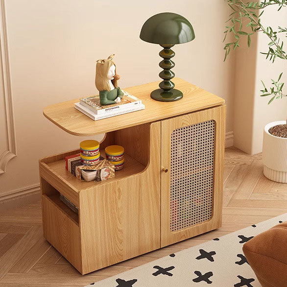 Mesa auxiliar giratoria contemporánea retro de rectángulo de plástico tejido con tablero ecológico de madera maciza con 1 gabinete para sala de estar 