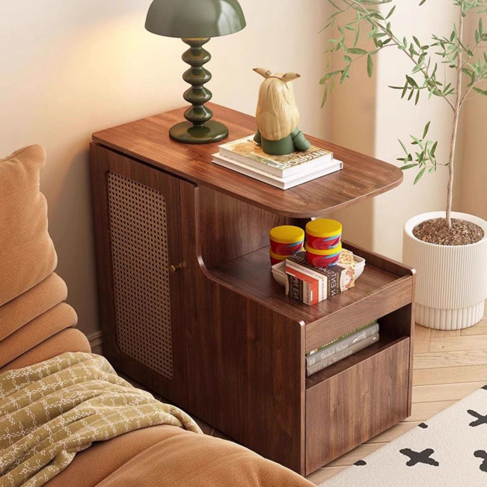 Mesa auxiliar giratoria contemporánea retro de rectángulo de plástico tejido con tablero ecológico de madera maciza con 1 gabinete para sala de estar 