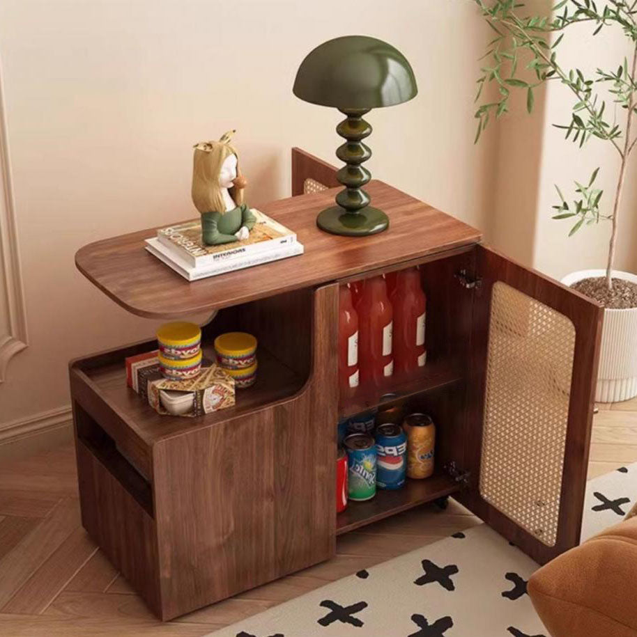 Mesa auxiliar giratoria contemporánea retro de rectángulo de plástico tejido con tablero ecológico de madera maciza con 1 gabinete para sala de estar 