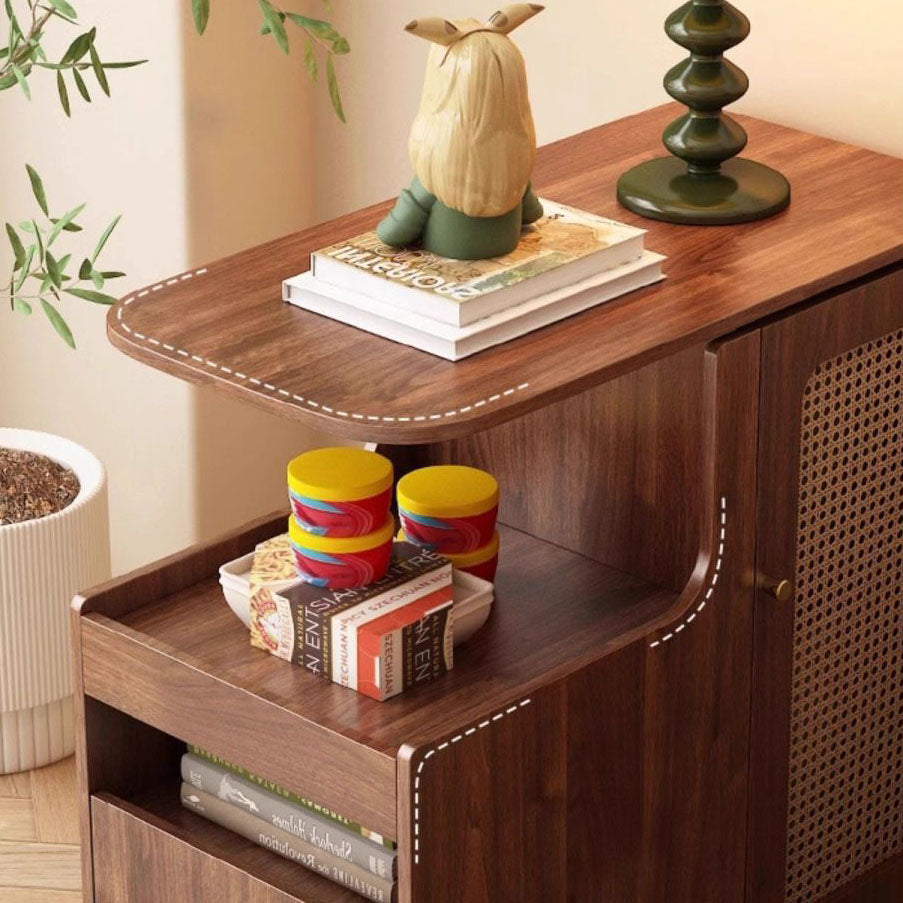 Mesa auxiliar giratoria contemporánea retro de rectángulo de plástico tejido con tablero ecológico de madera maciza con 1 gabinete para sala de estar 