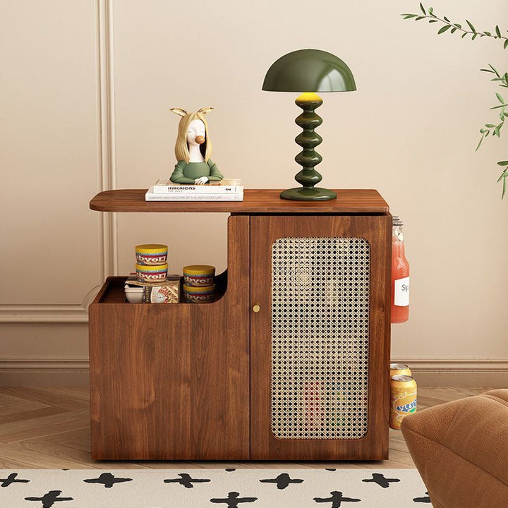 Mesa auxiliar giratoria contemporánea retro de rectángulo de plástico tejido con tablero ecológico de madera maciza con 1 gabinete para sala de estar 