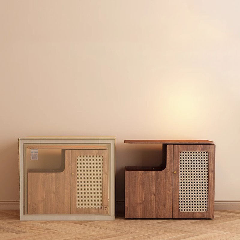 Mesa auxiliar giratoria contemporánea retro de rectángulo de plástico tejido con tablero ecológico de madera maciza con 1 gabinete para sala de estar 