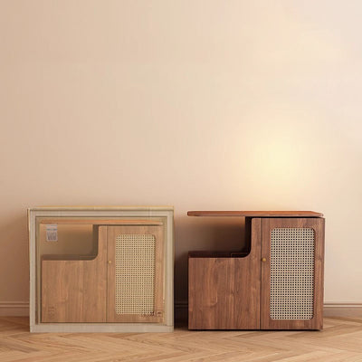 Contemporary Retro Rectangle Plastic Weaving Solid Wood Eco-board Movable Swivel End Table 1-Cabinet For Living Room