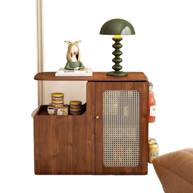 Mesa auxiliar giratoria contemporánea retro de rectángulo de plástico tejido con tablero ecológico de madera maciza con 1 gabinete para sala de estar 