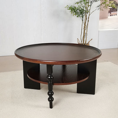 Traditional Vintage Round Rubberwood Coffee Table 2-Tier For Living Room