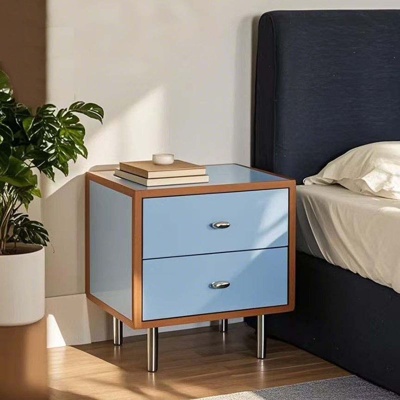Contemporary Scandinavian Rectangular Crabapple Solid Wood Multi-layer Board Zinc Alloy Nightstand 2-Drawer For Bedroom