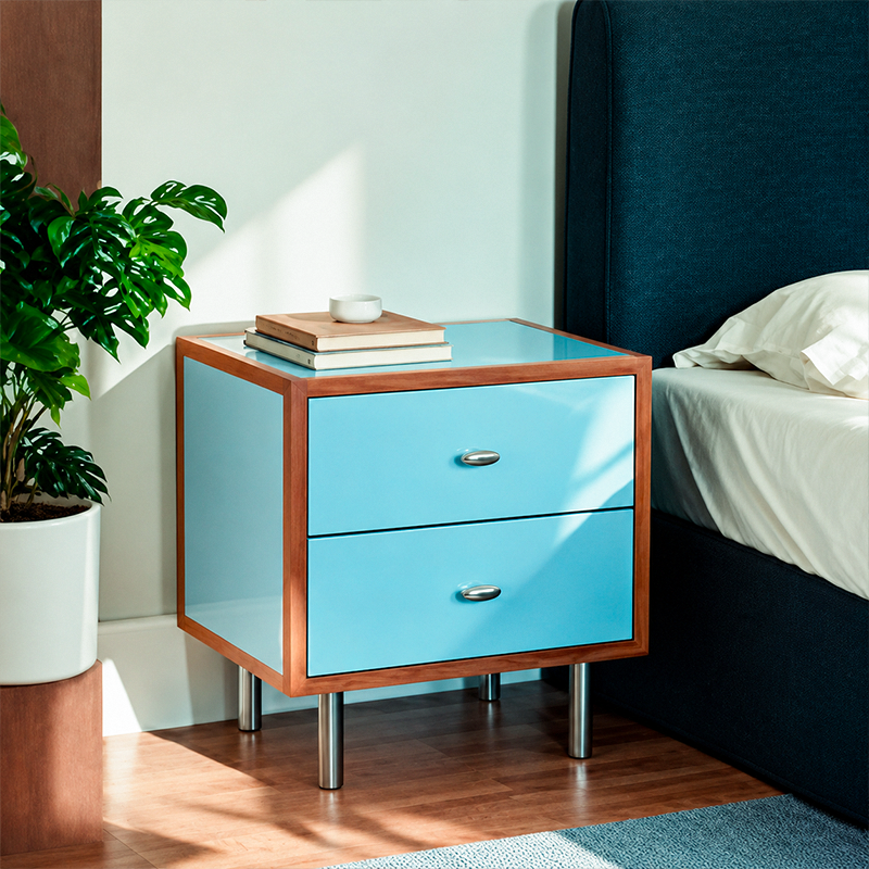 Contemporary Scandinavian Rectangular Crabapple Plywood Zinc Alloy Nightstand 2-Drawer For Bedroom