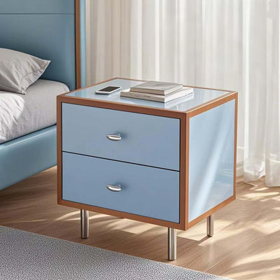 Contemporary Scandinavian Rectangular Crabapple Solid Wood Multi-layer Board Zinc Alloy Nightstand 2-Drawer For Bedroom