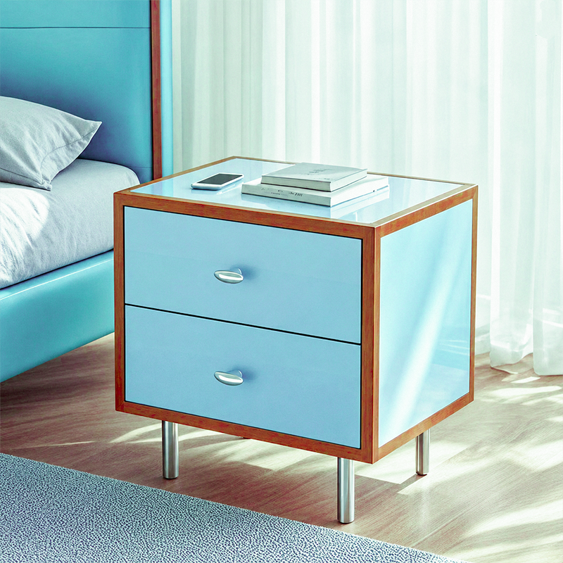 Contemporary Scandinavian Rectangular Crabapple Plywood Zinc Alloy Nightstand 2-Drawer For Bedroom