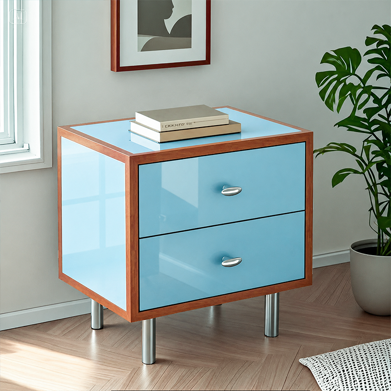 Contemporary Scandinavian Rectangular Crabapple Plywood Zinc Alloy Nightstand 2-Drawer For Bedroom