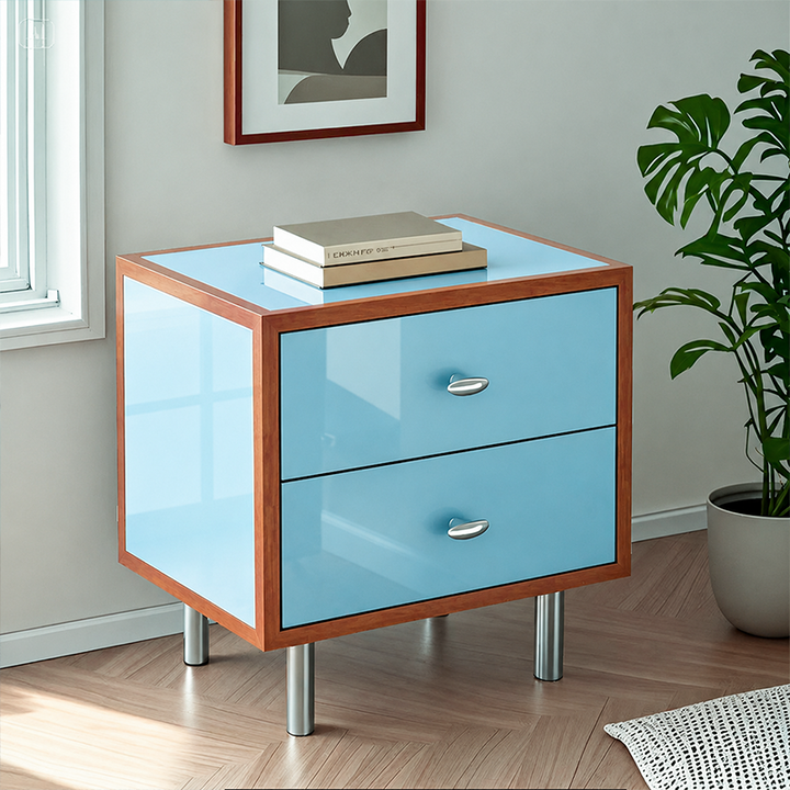 Contemporary Scandinavian Rectangular Crabapple Plywood Zinc Alloy Nightstand 2-Drawer For Bedroom
