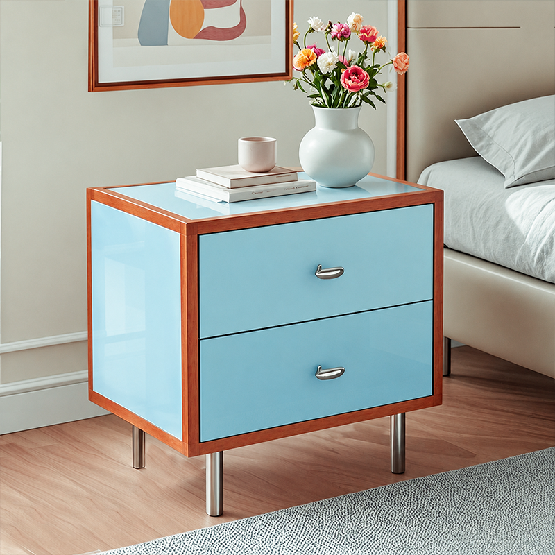 Contemporary Scandinavian Rectangular Crabapple Plywood Zinc Alloy Nightstand 2-Drawer For Bedroom
