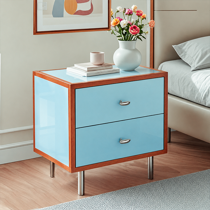 Contemporary Scandinavian Rectangular Crabapple Plywood Zinc Alloy Nightstand 2-Drawer For Bedroom