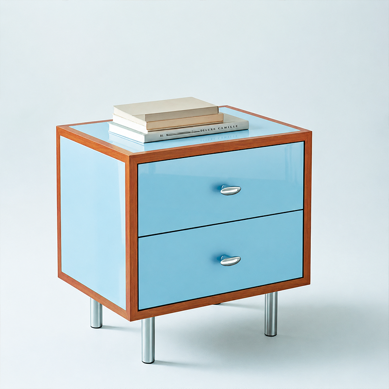 Contemporary Scandinavian Rectangular Crabapple Plywood Zinc Alloy Nightstand 2-Drawer For Bedroom
