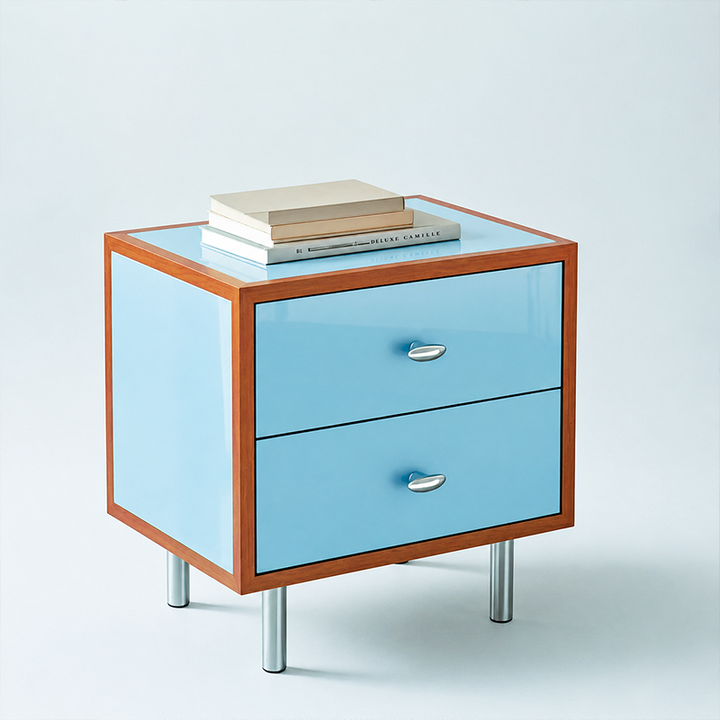 Contemporary Scandinavian Rectangular Crabapple Plywood Zinc Alloy Nightstand 2-Drawer For Bedroom