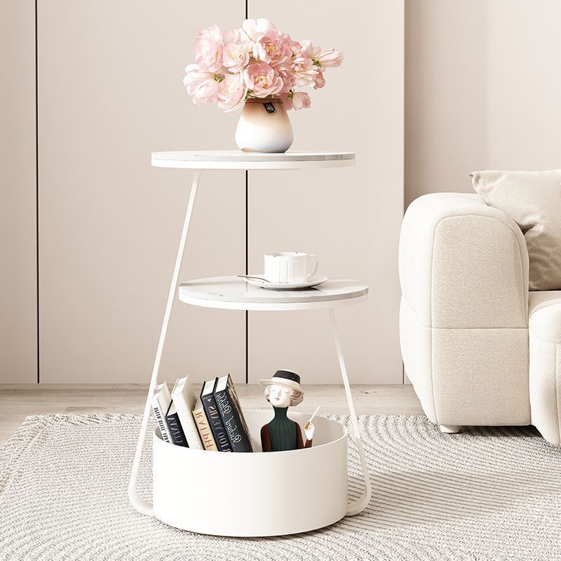 Modern Minimalist Round Sintered Stone Metal Side Table 3-Tier For Living Room
