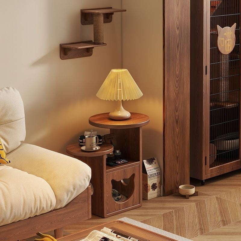 Contemporary Creative Round Cat Beds Pine Wood Nightstand 3-Tier For Bedroom